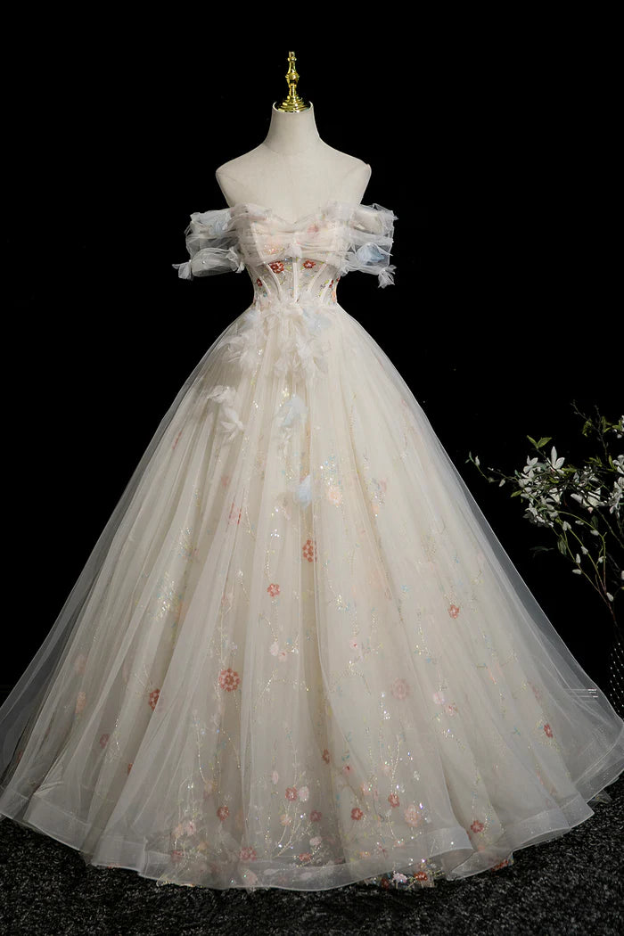 Champagne Tulle Beads Long Prom Dress, Beautiful A-Line Party Dress